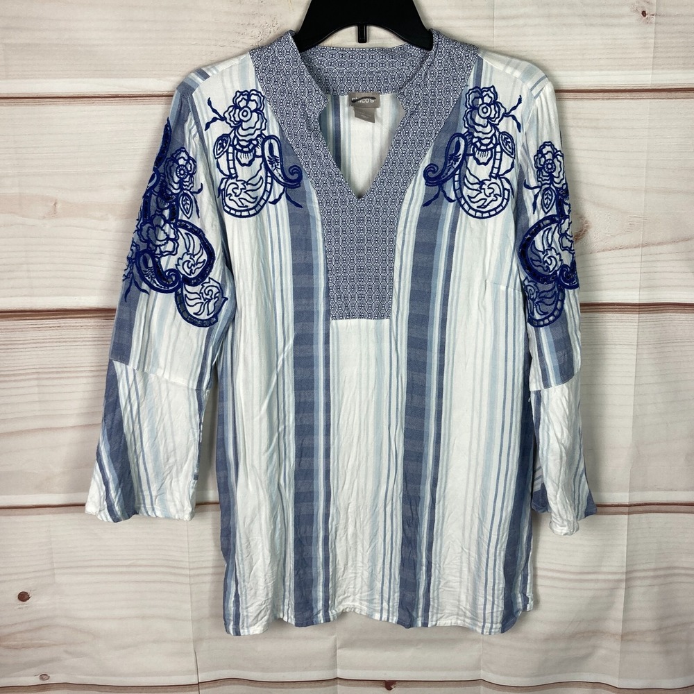 Chicos Top Womens 1 M Blue White Stripe Embroidered Blouse Pullover Bell Sleeve